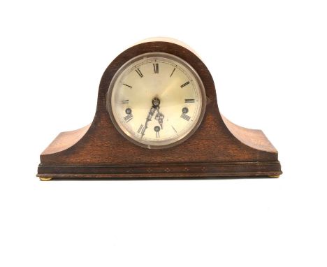 Oak mantel clock, rectangular case, silvere dial (loose bezel), the movement striking on a gong, height 31cm, another oak cas