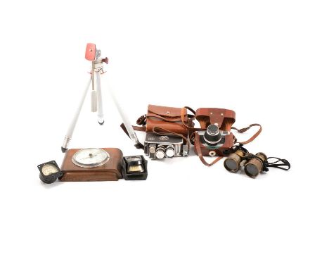 Cameras and binoculars; including Werra 1 camera, cased; Bolex Paillard cine camera, cased; camera tri-pod; pair of brass bin