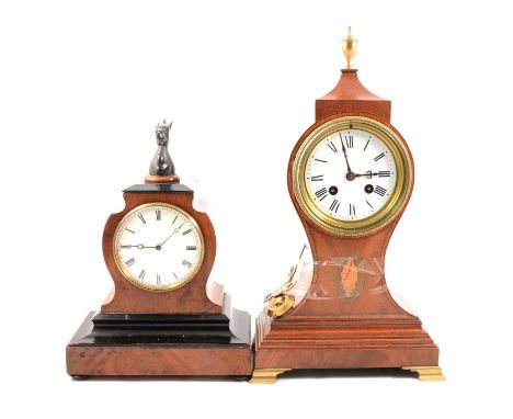 Edwardian inlaid mahogany balloon cased mantel clock, circular enamelled dial, French cylinder movement striking on a bell, 3