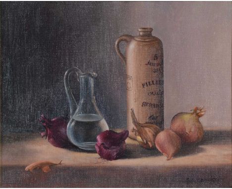 Geoffrey R Herickx, Still life with onions, signed, oil on canvas,20.5x25.5cm