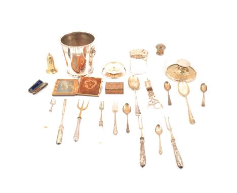 A silver tablespoon, Walker &amp; Hall, Sheffield 1909; other silver flatware; silver and amber cheroot holder, cased; silver