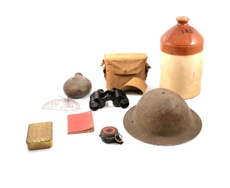 One box of military items, including Bino Prism No.2 MkII binoculars, Brodie helmet dated 1938, compass, 1914 Christmas tin, 