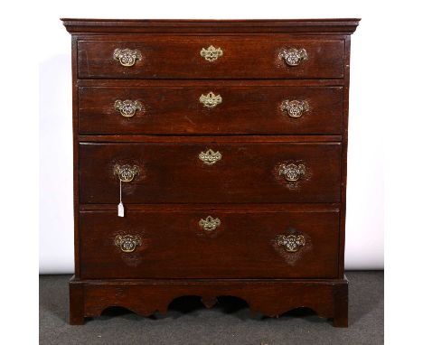 George III oak chest of drawers, adapted, rectangular top above a moulded cornice, four long graduating drawers, with brass p