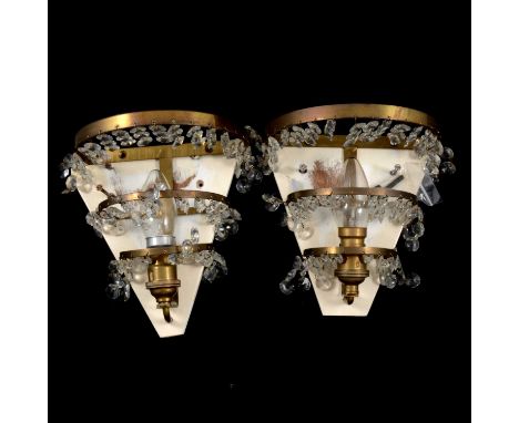 Small quantity of brass and copper wares; two wall lights; and a chromed metal ceiling light with glass prism drops.