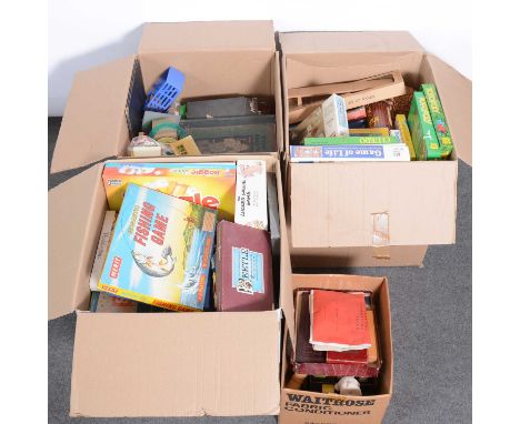 Four large boxes of board games, children's books, Action Man by Palitoy; plastic farm animals, card jigsaws, golden casket, 