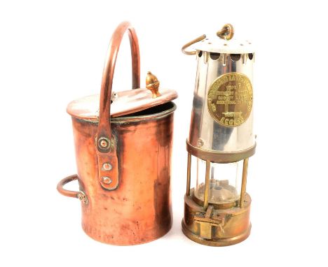 Brass and steel miner's lamp, Protector Type 6, 25cm, and small copper scuttle.Qty: 2