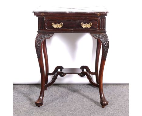 Edwardian mahogany envelope card table, square top with folding flaps enclosing a playing surface, frieze drawer, cabriole le