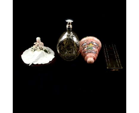 Haig's whisky silvered-overlay glass decanter and stopper, dimple body with thistle motifs, 23cm; a silevr plated bottle crue