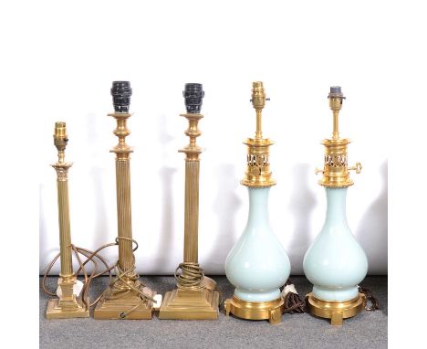 Five modern table lamps, including pair with celadon-ground porcealin bodies, gilt metal fittings and base, 52cm (including f