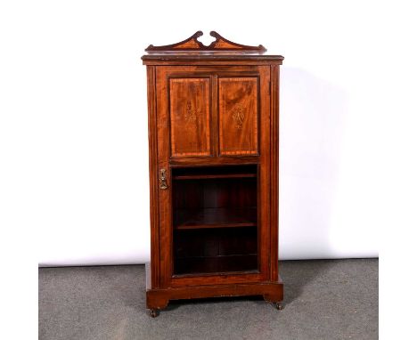 Edwardian inlaid mahogany music cabinet, shaped cresting, rectangular top with moulded edge, panelled door lacking glazing, e