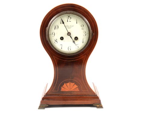 Edwardian inlaid mahogany balloon cased mantel clock, circular enamelled dial signed Bolton Smith, London, French cylinder mo