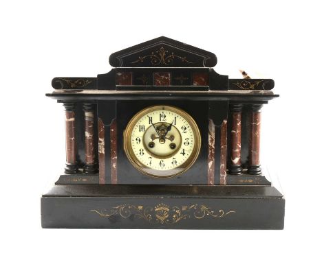 Victorian slate and marble mantel clock, architectural case, circular dial, French cylinder movement striking on a gong, heig