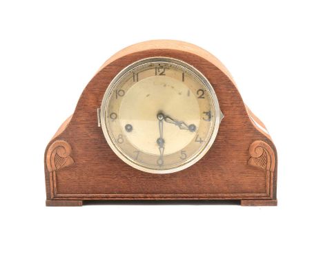 Oak cased mantel clock, striking movement on five gongs, 22cm, and an oak cased wall clock, (a.f.).Qty: 2Condition report:We 