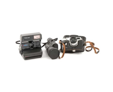 Vintage cameras and accessories, including Zorki 4 and 4K 35mm cameras, with cases; Polaroid 636 Closeup camera; Halina AI tw