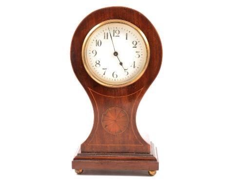 Edwardian inlaid mahogany balloon cased mantel clock, circular enamelled dial, timepiece movement, 25cm.