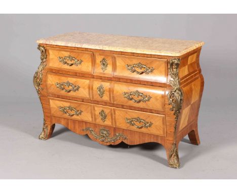 A LOUIS XV MARBLE TOPPED BOMBE COMMODE, the rectangular marble top with moulded edge and rounded corners, over two short draw