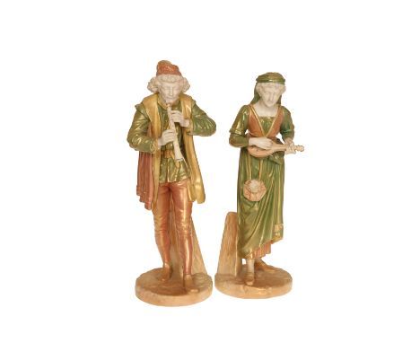 A ROYAL WORCESTER FIGURE OF THE BLIND WHISTLER, dated 1911, modelled by James Hadley as a standing gentleman playing a pipe, 