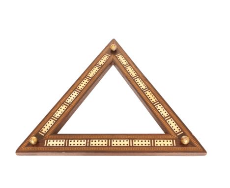 A 19th CENTURY TUNBRIDGE WARE TRIANGULAR CRIBBAGE BOARD, mounted at the corners with three gilt metal spheres. 31cm
