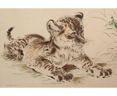 AFTER RALPH THOMPSON, TIGER CUB WATCHING A CRICKET, lithograph, framed. 38.5cm by 58.5cm
