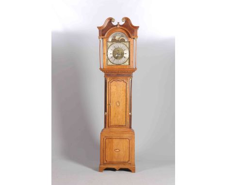 AN EARLY 19TH CENTURY OAK AND MAHOGANY EIGHT-DAY LONGCASE CLOCK, SIGNED THOMAS CROFTS, LEEDS, the 13-inch brass and steel dia