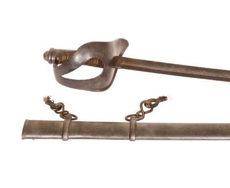 A 19th CENTURY HEAVY CAVALRY SABRE, with steel cup hilt and wire-bound grip, the curved fullered blade stamped S&K (Schnitzle