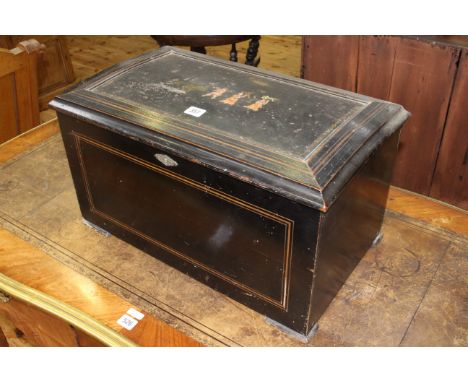 A SWISS MUSIC BOX, 19TH CENTURY, playing 12 airs on five bells, the ebonised case decorated to the lid (warped) with three Ch