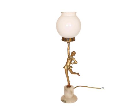 AN ART DECO GILT-METAL FIGURAL TABLE LAMP, modelled as a girl in fitted jacket in dancing pose, her right arm uplifted and ho