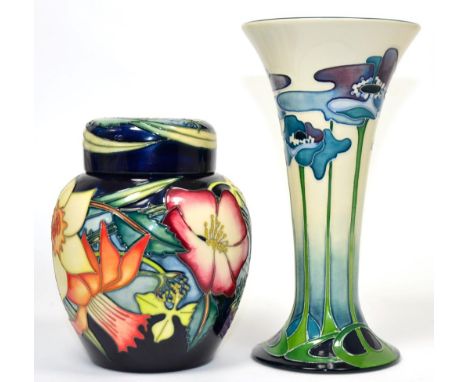 A modern Moorcroft Blue Heaven pattern vase, impressed factory marks, 21.5cm (boxed) and a modern Moorcroft Golden Jubilee pa