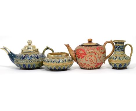 Frances E Lee (working 1876-1894) A Doulton Lambeth Three Piece Tea Service, incised and applied decoration, impressed factor