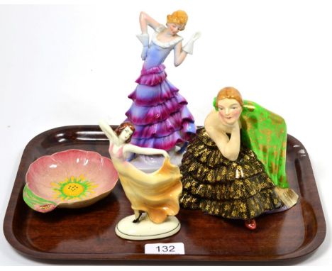 Plant Tuscan china figure 'Memories'; two other Art Deco china figures and a Carlton ware dish (4) 