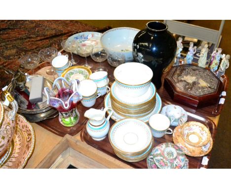 A Chinese famille rose porcelain punch bowl and dish; plated ware; cutlery; cased tea knives; champagne glasses; lacquer box 