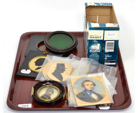 A quantity of 19th century portrait miniatures, silhouettes and frames
