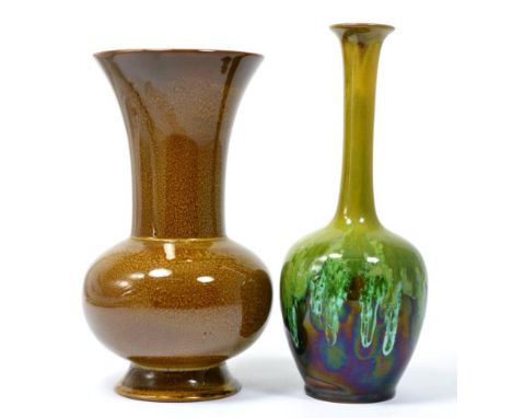 A Linthorpe Pottery Vase, green/brown/turquoise glaze, impressed HT LINTHORPE Chr Dresser, 22cm and Another Vase, 20cm (2)