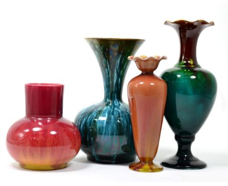 Four Linthorpe Pottery Vases, various glazes, shapes and marks, impressed LINTHORPE 1769/1986/2150 and HT, tallest 21cm