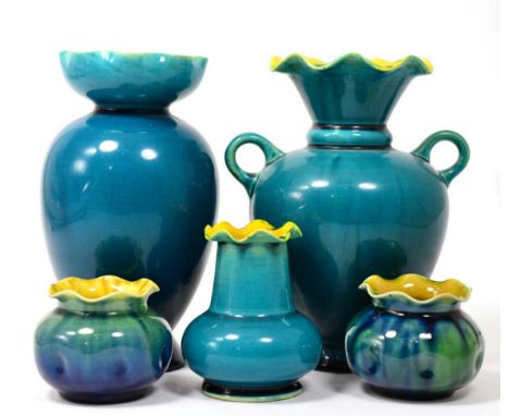 A Linthorpe Pottery Twin-Handled Vase, turquoise glaze, impressed LINTHORPE 2203, 19cm and Four Other Linthorpe Vases, all tu