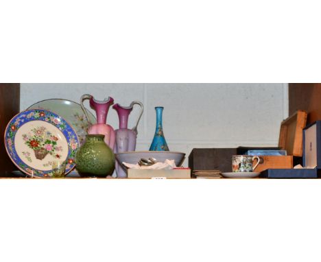 Assorted items including a pair of Victorian pink vases; a pair of pottery plates; silver and plated teaspoons; cloisonne blu