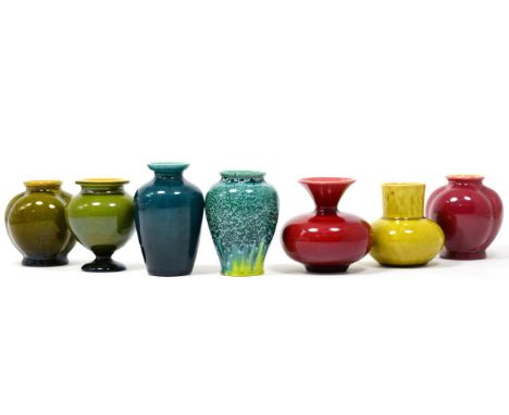 Seven Linthorpe Pottery Miniature Vases, various glazes, shapes and marks, 811/831/836/837 and 851 (2) tallest 9.5cm