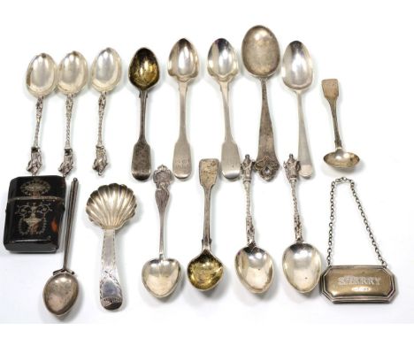 A George III silver and tortoiseshell pique case, fittings lacking; a set of five Victorian silver apostle teaspoons; four va