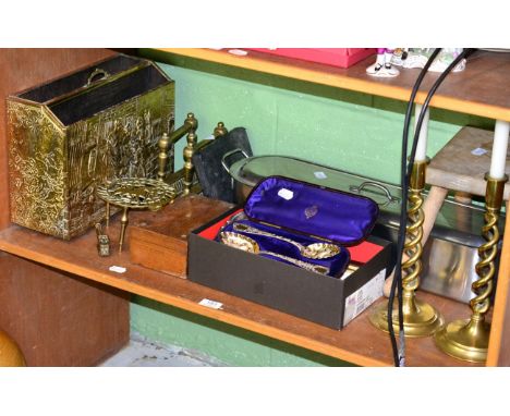 A shelf of brass ware, plated wares, fish kettle and a stoneware jar George Storey & Co Rothbury, etc