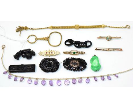A seed pearl and amethyst necklace, graduated oval amethyst suspended from a string of seed pearls, length 33cm; a Victorian 