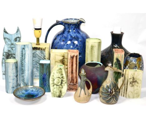 A Group of Studio Pottery, comprising A Robert Goldsmith Selborne Pottery Jug, flame decoration in blue, with impressed marks