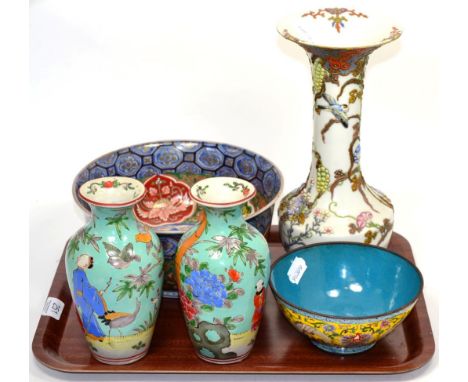 Chinese enamel bowl; Japanese Imari porcelain bowl; pair of Chinese vases and Japanese Moriage enamelled glass vase 