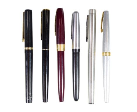 Six vintage fountain pens comprising four Sheaffers, an Osmorioid and one other pen