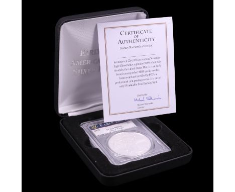 An early issue American Eagle Silver Dollar coin, 2018, slabbed and graded PCGS MS69