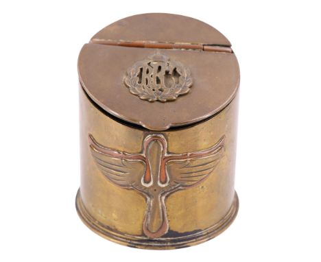 A Great War Royal Flying Corps trench art tobacco box or tea caddy, fabricated from a 1915 British artillery shell case and h