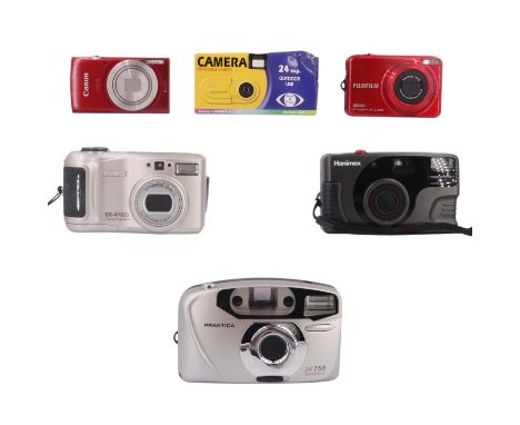 A group of digital cameras comprising a Canon IXUS, a Praktica SK 750, a Hanimex TC5300, a Sinpo SX-410Z3 and a Fujifilm Fine