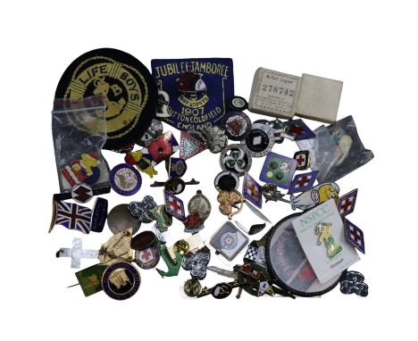 A group of vintage enamelled and other lapel badges including Harley-Davidson, Esso and Girl Guides, together with cloth badg