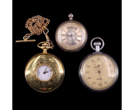 Three pocket watches comprising a Victorian silver fob watch, a Rotary half-hunter and a Tempex, latter 50 mm excluding stem,