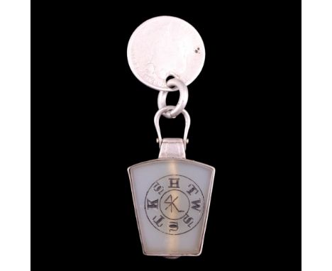 An antique Masonic silver-mounted keystone watch chain fob medallion together with a Victorian threepence coin fob
