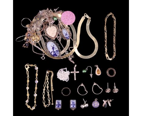 A group of contemporary white metal / silver jewellery including a silver heart-shaped pendant, various stud earrings and nec
